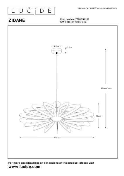 Lucide ZIDANE - Suspension - Ø 76 cm - 1xE27 - Blanc - TECHNISCH